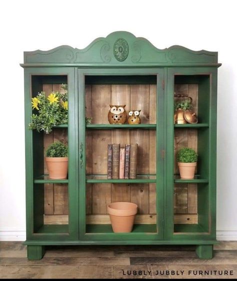 Adding Legs To Hutch Top, Hutch Top Repurposed Ideas, Old China Cabinet, Rustic Storage Cabinets, Hutch Top, Green Painted Furniture, Country Chic Paint, Rustic Storage, Furniture Rehab