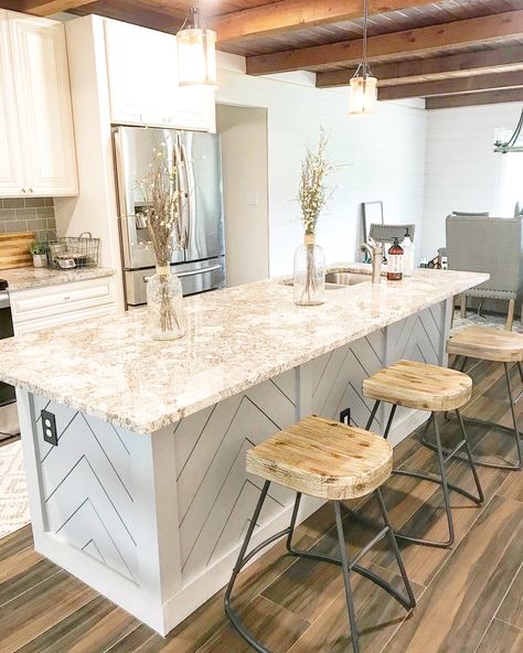 Shiplap chevron island  on a kitchen island we did Kitchen Island Herringbone, Herringbone Island, Shiplap Kitchen Island, Chevron Island, Kitchen Island Upgrade, Kitchen Island Trim, Interior Updates, Island Cabinet, Curved Kitchen Island