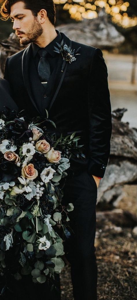 Dark Wedding Theme, Forest Theme Wedding, Black Suit Wedding, Earthy Wedding, Celestial Wedding, Goth Wedding, Wedding Suits Groom, Dark Wedding, Moody Wedding