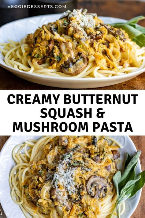 Butternut Squash Mushroom Pasta, Butternut Squash Mushroom Recipes, Butternut Squash With Pasta, Easy Butternut Squash Pasta, Squash Recipes Pasta, Squash Mushroom Recipe, Butternut Squash Cream Sauce, Mushroom Butternut Squash, Honey Nut Squash Pasta