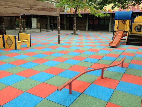 So you’ve got a playground in mind, but you’re trying to figure out what surfacing material will work best. You’re considering the basics: cost, aesthetics, safety, maintenance, etc. You’ve discovered prefabricated rubber tiles for playgrounds, a great solution, especially for small and hard-to-reach areas. While we tend to recommend poured-in-place rubber as the top choice, safety surface tiles for playgrounds are another great option, especially for rooftop playgrounds! Rubber Tiles Playground, Outdoor Rubber Flooring, Tiles Outdoor, Rubber Playground, Playground Flooring, Rubber Mats, Rubber Tiles, Door Upgrade, Outdoor Playground