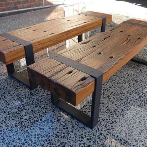 Recycled railway sleeper bench seats. Pergola Bench, Sleeper Bench, Timber Bench Seat, Sleepers In Garden, Wood Bench Outdoor, Wooden Benches, Garden Pergola, Garden Seating Area, Bench Seats