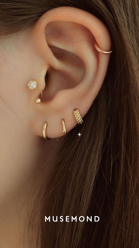 Piecings Ear Ideas, Dainty Piercings, Peicing Ideas, Piercing Jewelry Ideas, Unique Piercing, Tragus Piercing Earrings, Earrings Piercings, Ear Piercings Industrial, Minimalist Ear Piercings