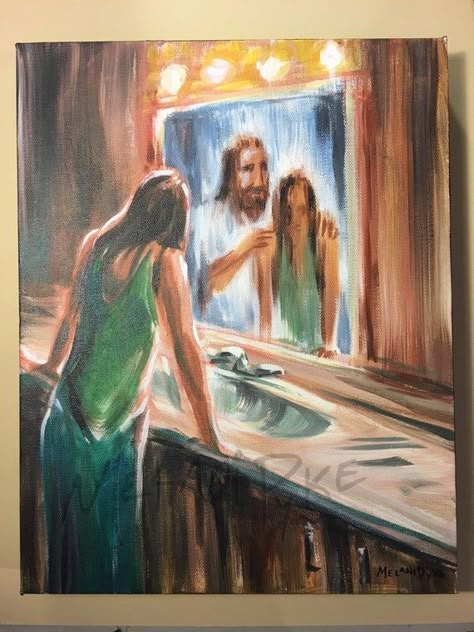 A young woman stands at the bathroom sink. Maybe you start an end your day in front of the bathroom mirror, just like she is. Maybe this is where you find your quiet time to gather your thoughts and get yourself together. Jesus is ready to meet with you, even here in the bathroom. He puts his arms Textured Art Aesthetic, Jesus Helping Pictures, Jesus Holding Woman, Bathroom Painting Ideas Canvas, Jesus Painting Canvases, Jesus Hugging Woman, Standing In Front Of Mirror, Get Yourself Together, Young Aesthetic