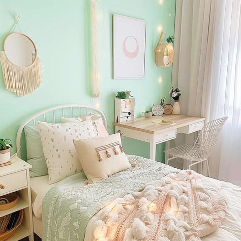 mint_green_teen_bedroom 19 Mint Room Ideas Bedrooms, Mint Green Girls Bedroom, Mint Color Room, Mint Green Bedroom Ideas, Teen Bedroom Green, Mint Green Room, Bedroom Sage Green, Bedroom Ideas For Teens, Girls Bedroom Green