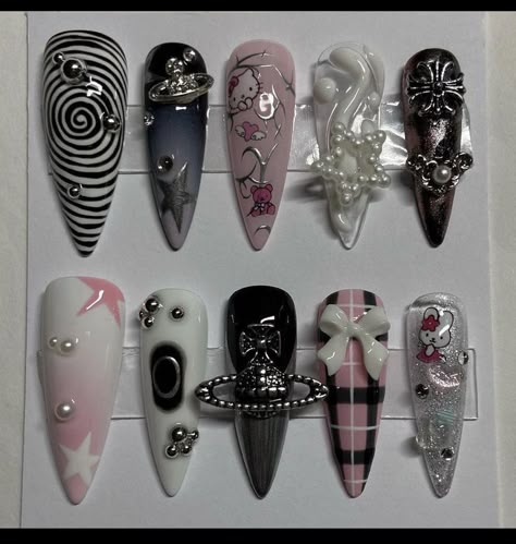 Nails, Nail art, acrylic nails, Blackpink, black, Pink, slay, girly, bows, gems, Aaliyah core, Paznokcie Hello Kitty, Punk Nails, Airbrush Nails, Gothic Nails, Goth Nails, Grunge Nails, Hello Kitty Nails, Pretty Gel Nails, Soft Nails