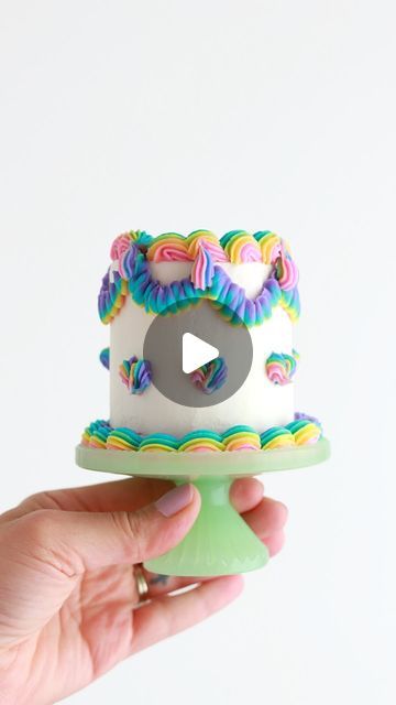 Whitney DePaoli | Sugar & Sparrow on Instagram: "In my tiny cake era 🥹😍 I had a couple cupcakes + buttercream left over from my rainbow frosting demo on @afternoonlivek2 and decided I had to see what a rainbow Lambeth cake would look like in tiny form. Turns out the rainbow frosting technique works with small piping tips and this is such a fun way to use up extras! And it’s so so cute 🌈  🎨 colors: pink, yellow, blue, and purple made with the Wilton Color Right System  ✨piping tips: Wilton 32, 102, and 18  #minicake #cakedecorating #vintagecake #lambethcake #tinycake #minifood #cakeideas #cakelover #smallbatch #baking #cake #rainbowcake" Lambeth Cake, Tiny Cake, Rainbow Frosting, Frosting Techniques, Tiny Cakes, Piping Tips, Cake Lover, Little Cakes, Baking Cake