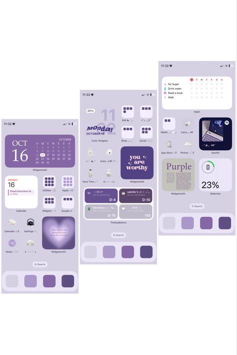 Purple aesthetic iphone homescreen theme layout idea Iphone Home Screen Purple, Purple Aesthetic Lockscreen, Homescreen Y2k, Purple Aesthetic Iphone, Homescreen Theme, Widget Homescreen, Violet Heart, Phone Apps Iphone, Purple Cute