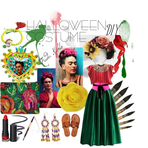 Halloween Costume DIY: Frida Kahlo by leeloominailekataribalaminatchai on Polyvore featuring Chicwish, American Eagle Outfitters, Stela 9, N2 By Les Nereides, Carolina Herrera, Monki, L'OrÃ©al Paris, tarte, Isabey and FRIDA Mexico Party, Diy Halloween Costumes For Women, Couple Costumes, Mexican Party Theme, Costume Diy, Mexican Party, Fantasias Halloween, Halloween 2017, Fiesta Party