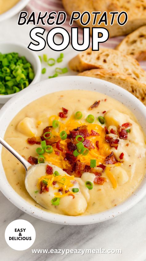 A thick and creamy version of a loaded baked potato.  Bacon, cheddar cheese, potatoes all in one loaded baked potato soup recipe, this easy to make, crave-worthy comfort food will become one of your most favorite soup recipes. Baked Potatoes Soup Recipe, Pressure Cooker Loaded Potato Soup, Thick Loaded Baked Potato Soup, Loaded Baked Potato Soup Frozen Potatoes, Cheddar Potato Soup Recipe, Stovetop Loaded Potato Soup, Easy Cheddar Potato Soup, Instapot Loaded Baked Potato Soup, Baked Potato Soup With Cream Cheese