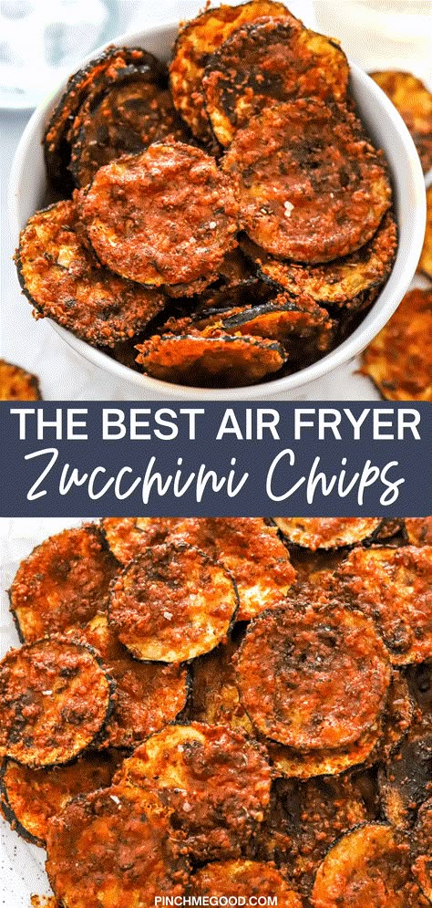 You are going to love these crispy air fryer zucchini chips. They are made with fresh sliced zucchini and a garlic parmesan coating that is so flavorful. They come out perfectly golden and are the best healthy snack that even kids will love! Low-carb and gluten-free! Healthy Carb Free Snacks, Air Fryer Zucchini Chips Keto, Crispy Air Fryer Zucchini Chips, Fried Zucchini Slices, Zucchini Garlic Bites Air Fryer, Airfryer Recipes For Diabetics, Healthy Snacks Chips, Air Fried Zucchini Chips, Zucchini Snack Recipes