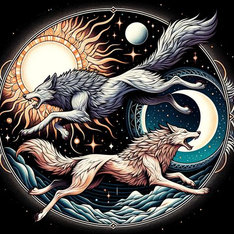 Découvrez Sköll et Hati, les loups légendaires de la mythologie nordique Skoll Hati, Norse Mythology Tattoo, Canine Drawing, Wolf Character, Cholo Art, Fantasy Wolf, Spirit Animal Art, Norse Pagan, Pagan Art