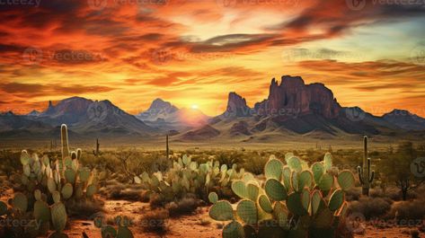 Wild West Texas desert landscape with sunset with mountains and cacti. Generative AI Desert At Sunset, Desert Wallpaper Desktop, Desert Landscape Sunset, Cactus Sunset Wallpaper, Desert Sunset Mural, Texas Desert, Desert Landscape Painting, Texas Sunset, Tree Saw