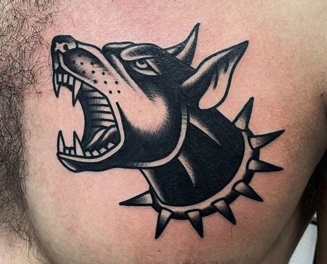 Dog Head Tattoo Traditional, Traditional Tattoos Black Flash, Rottweiler Traditional Tattoo, American Traditional Cerberus Tattoo, Barking Doberman Tattoo, Blackwork Dog Tattoo, Black And Grey Cover Up Tattoo, Cerberus Tattoo Traditional, Dog Barking Tattoo