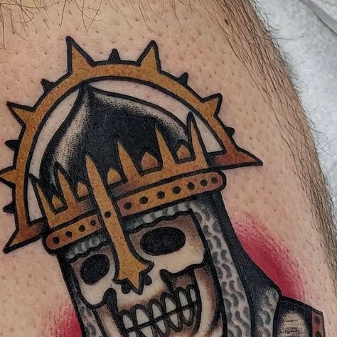 Victor Vaclav ♠ on Instagram: "Shin piece for Brennan. Thanks man 🙏🏻 ••• Bring me more skulls and medieval stuff !!" Magic Things, Medieval Tattoo, Knight Tattoo, Mile End, Viking Skull, Fantasy Tattoos, Traditional Tattoo Design, Traditional Tattoo Art, Knee Tattoo