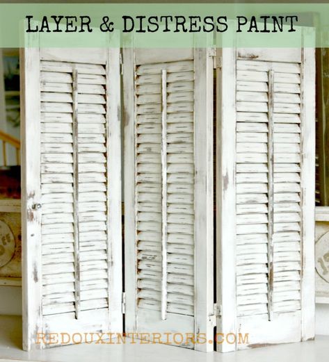 How to Layer and Distress CeCe Caldwell's Paints using a damp rag.  Very easy method, 1,000's of combinations.  Nantucket Spray and Vintage White on Old Shutters. REDOUXINTERIORS.COM FACEBOOK: REDOUXINTERIOS #cececaldwellsnantucketspray #cececaldwellsvintagewhite #wetdistress #howtolayerpaint #redouxinteriors #redouxinteriorsmakeover Distressed Shutters, Small Bathroom Paint Colors, Decorative Shutters, Small Bathroom Paint, Vintage Shutters, White Shutters, Toilet Room Decor, Small Toilet Room, Diy Shutters