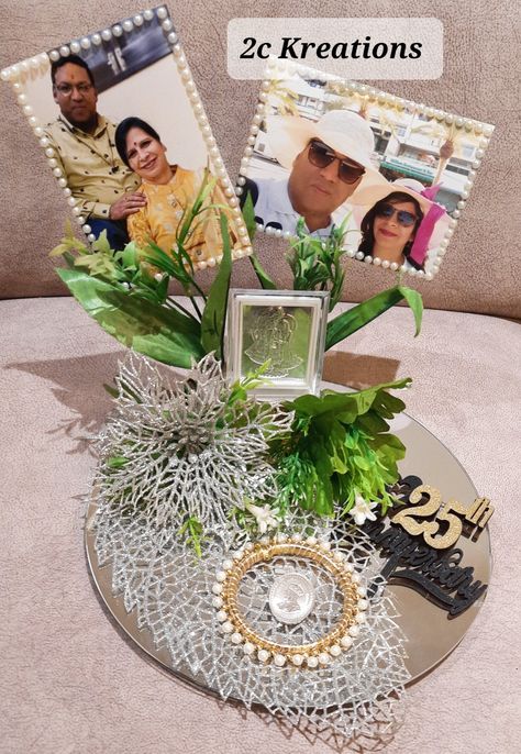 Silver coin platter for silver jubliee anniversary gifting made by 2c Silver Coin Platter Decoration, Silver Coin Decoration Ideas, Gifts Hamper, Wedding Hampers, 25th Wedding Anniversary Party, Latest Bathroom Designs, Hamper Box, 25th Anniversary Gifts, Gift Tray