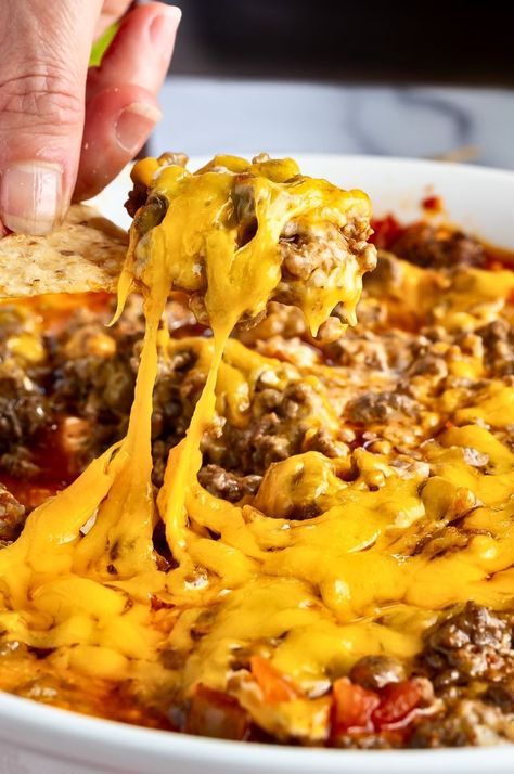 5-Ingredient Football Dip: Ready In 35 Minutes - Tastilly Dips With Hamburger Meat, Cheesy Hamburger Dip, Meat Dip, Hamburger Taco, Football Dip, Hamburger Dip, Crockpot Dips, Football Dips, Keto Dip