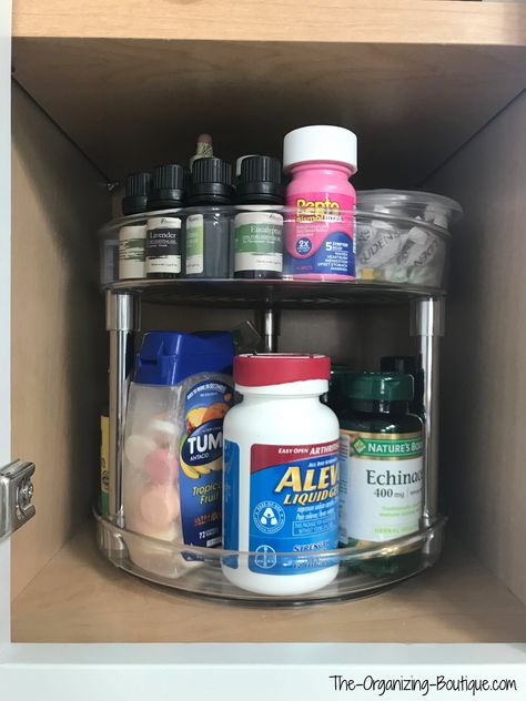 How To Organize Vitamins & Supplements - turntable in kitchen cabinet | The-Organizing-Boutique.com Organize Pill Bottles, Vitamins Organization Ideas, Supplements Organization Ideas, How To Organize Vitamin Bottles, Vitamin Storage On Counter, How To Store Vitamins On Counter, How To Organize Pill Bottles, Organizing Vitamins, Countertop Vitamin Organization