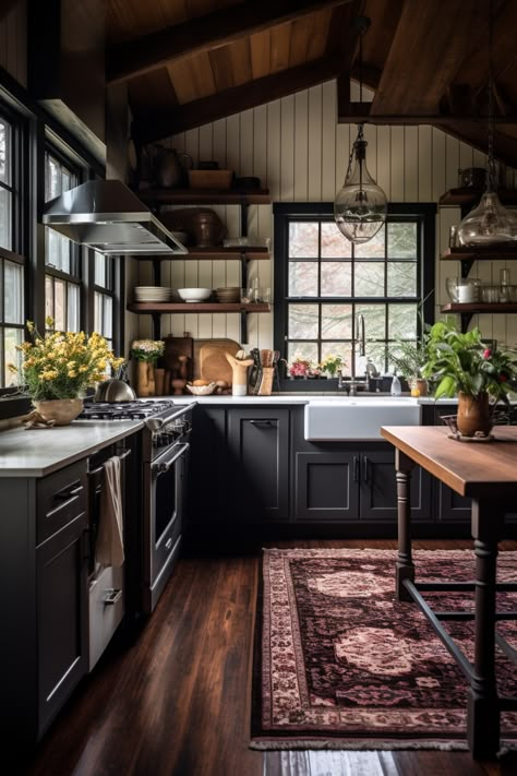 40+ Aesthetic Moody Farmhouse Kitchen Ideas Moody Masculine Kitchen, Dark Country Decor, Moody Craftsman Interior, Country Gothic Aesthetic, Dark Boho Kitchen, Moody Farmhouse Living Room, Moody Home Aesthetic, Dark Farmhouse Decor, Dark Farmhouse Kitchen