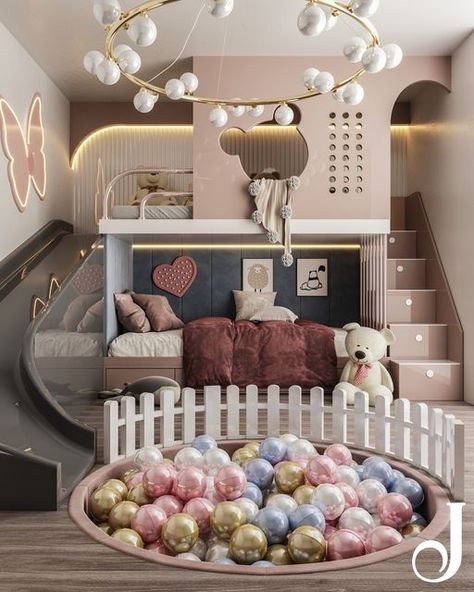 Bunk Beds For Girls Room, Playing Room, Girls Bunk Beds, Bunk Bed Rooms, Luxury Kids Bedroom, Children's Bedroom Ideas, Bunk Bed With Slide, Cool Kids Bedrooms, Kids Room Interior Design