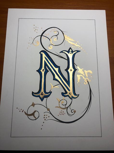 This is a handmade Illuminated Capital N made with watercolor and gold leaf. N Drawing Letter, N Letter, The Letter N, Graphic Design Jobs, Illumination Art, Fancy Letters, Hand Lettering Art, Lettering Alphabet Fonts, Creative Lettering