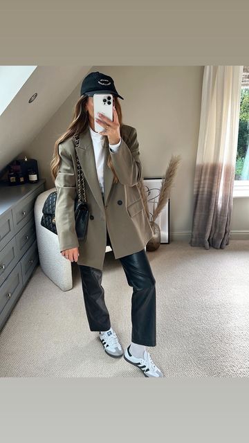 Sabina walker on Instagram: "Happy weekend 🤍 An easy Saturdays outfit to throw together!!! Blazer @zara size Xs I love the colour of this! Trouser @riverisland my absolute faves Shoes @adidasoriginals Long sleeve basic @zara Hat @adanola #coatstyle #autumnvibes #autumstyle #ootd #outfitoftheday #neutralstyle #neutrals #everydaystyle #mumstyle #casualstyle #sambas #zara #asos #adanola #weekendstyle #stylingreels #petite #petitestyle" Zara Basic Blazer, Blazer And Samba Outfit, Adidas Samba Blazer Outfit, Blazer Fall Outfits For Women, Styling Long Blazer, Khaki Blazer Outfit Women Casual, Khaki Leather Pants Outfit, Saturday Winter Outfit, Sambas Work Outfit