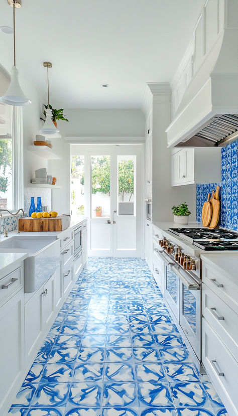 Blue and White Coastal Galley Kitchen Blue And White Coastal, Coastal Mediterranean, Blue Backsplash, Mediterranean Kitchen, Kitchen White, Galley Kitchen, Blue Kitchen, Coastal Farmhouse, Blue Kitchens