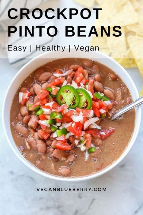 Vegan Slow Cooker Beans, Beans In Crockpot Pinto, Healthy Pinto Bean Recipes, Pinto Bean Recipes Vegan, Vegan Pinto Beans, Slow Cooker Beans Pinto, Pinto Beans From Scratch, Pinto Bean Recipe, Bean Nachos Recipe