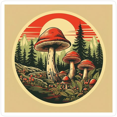 Decorate laptops, Hydro Flasks, cars and more with removable kiss-cut, vinyl decal stickers. Glossy, matte, and transparent options in various sizes. Super durable and water-resistant. Vintage mushroom logo Mushroom Sketchbook, Mushroom Items, Shroom Drawings, Moon Branding, Vintage Mushroom Art, Art In A Bottle, Mushroom Logo, Paint 2023, Mushroom Ideas