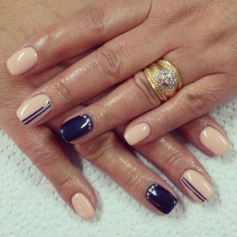 Nude and navy blue nails Tan And Blue Nails Design, Navy Blue And Beige Nails, Navy And Cream Nails, Navy Blue And Peach Nails, Nails For Navy Dress Wedding, Navy And Tan Nails, Navy Blue And Tan Nails, Nude And Navy Nails, Blue And Tan Nails