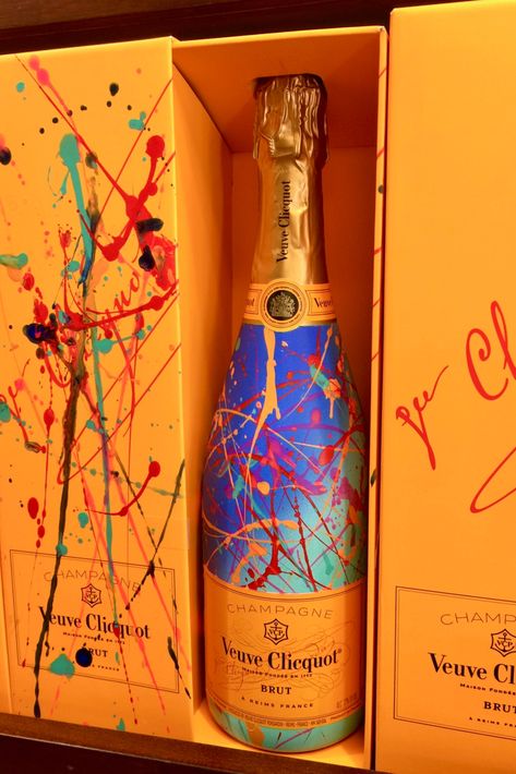 Custom Handpainted Veuve Champagne Bottle. Pop Art Paint Splatter Style in Blue and Teal with Orange and Red Colors especially from BottaBling! Hand Painted Alcohol Bottles, Vueve Champagne, Champagne Bottle Decoration, Hand Painted Champagne Bottle, Painted Champagne Bottles, Champagne Painting, Champaign Bottle, Painted Champagne Bottle, Personalized Champagne Bottles