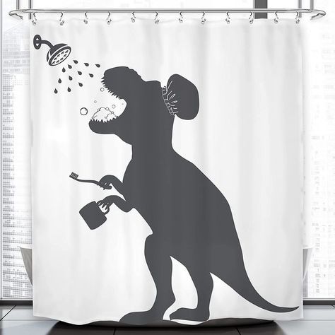 Dino Shower Curtain, Fun Bathroom Theme Ideas, Cool Bathroom Themes, Dino Bathroom Ideas, Dinosaur Themed Bathroom, Dinosaur Bathroom Decor, Dinosaur Bathroom Ideas, Raptor Silhouette, Dino Bathroom