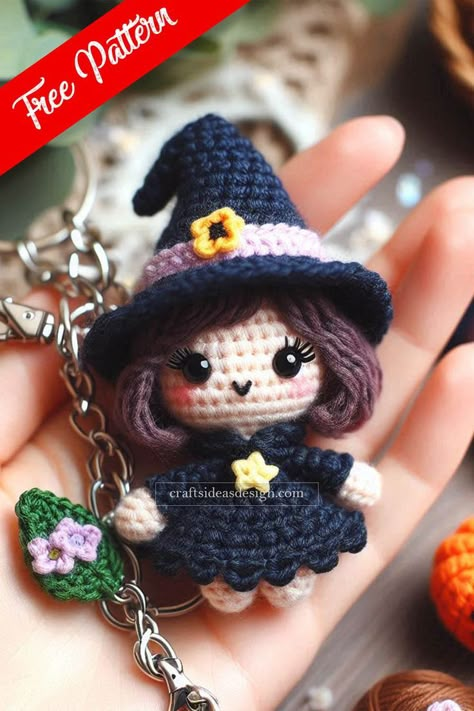 Amigurumi Witch Keychain is a charming and whimsical accessory perfect for the Halloween season. Witch Keychain, Crochet Keyring Free Pattern, Keychain Crochet Pattern, Knitting Patterns Free Dog, Diy Crochet Patterns, Crochet Patterns Free, Granny Square Crochet Patterns Free, Keychain Crochet, Crochet Disney