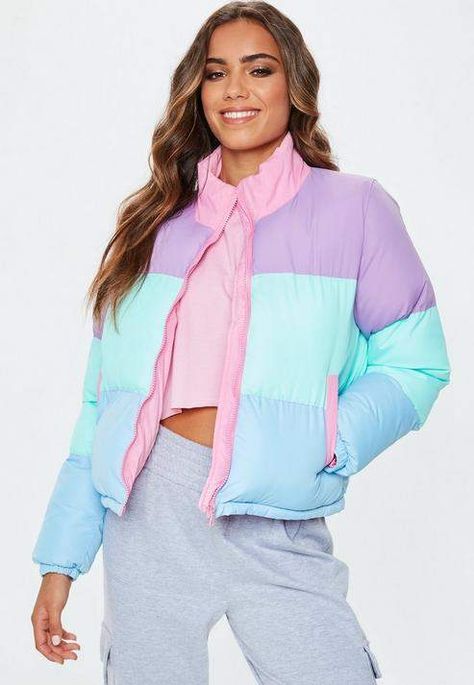 Multi Pastel Colour Block Puffer Jacket #regular#pockets#front Cute Winter Coats, Revival Clothing, Colorful Jacket, Puffer Jacket Women, Oversized Denim Jacket, Women Jacket, Colour Block, Women's Coats, Jackets Online