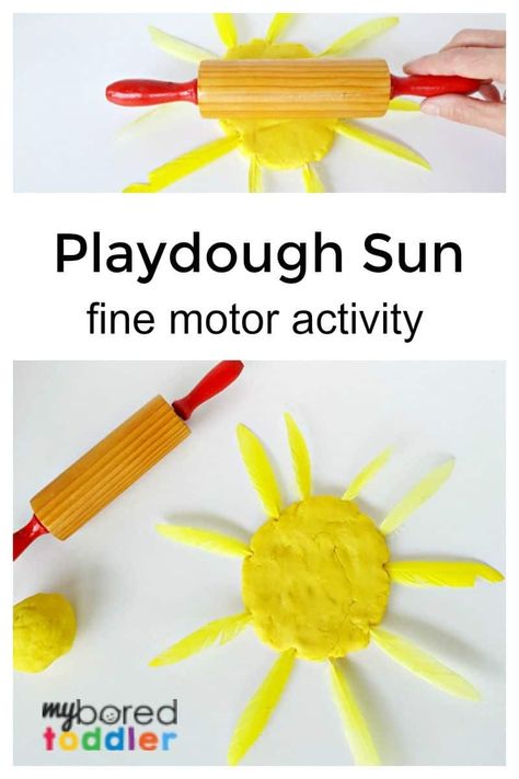 Playdough Sun Fine Motor Activity for Toddlers: A simple playdough activity, perfect for strengthening those fine motor muscles in fingers and hands.  #toddlers #myboredtoddler #playdough #toddleractivities Simple Playdough, Playdough Activity, Sun Activity, Summer Activities For Toddlers, Child Development Activities, Sun Crafts, Fine Motor Activity, Activity For Toddlers, Handwriting Activities