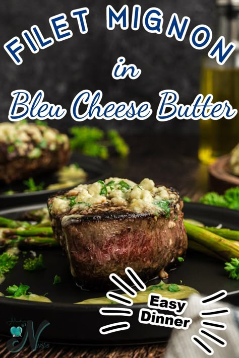 Filet Mignon in cast iron pan with blue cheese butter Stove Top Filet Mignon, Pan Seared Filet, Seared Filet Mignon, Perfect Filet Mignon, Easy Steak Dinner, Pan Seared Filet Mignon, Fancy Meals, Blue Cheese Butter, Mignon Steak