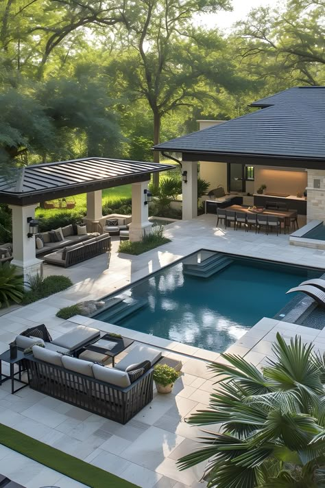 Swimming Pool House Ideas, Pavers Pool Area, Design Pool Modern, Home Pools Ideas, Outdoor Pool Area Design, Back Porch Ideas With Pool, Beautiful Backyard With Pool, Garden Pools Backyard, Lagoon Swimming Pools