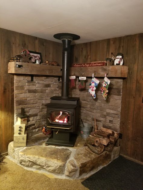 Rock Hearth For Wood Stove, Propane Wood Stove, Wood Stove Hearth Ideas Farmhouse, Wood Stove Back Wall Ideas, Wood Stove Surround Corner, Corner Wood Burning Stove, Cabin Wood Stove, Pellet Stove Hearth, Wood Stove Decor