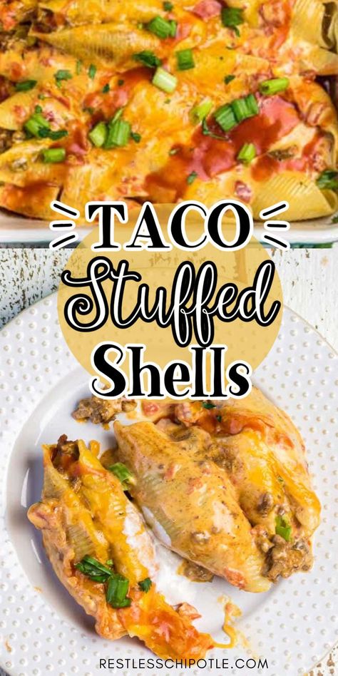 Cheesy Taco Jumbo Pasta Shells, Queso Taco Stuffed Shells, Jumbo Shell Taco Pasta, Cheesy Stuffed Taco Shells, Large Stuffed Shells Ground Beef, Cheesy Taco Stuffed Pasta Shells, Recipes With Shell Pasta, Shells And Cheese With Ground Beef, Stuffed Taco Pasta Shells