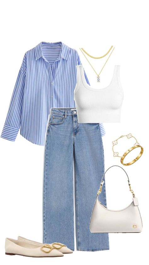 This stylish ensemble combines a relaxed blue striped shirt with a timeless white tank top and trendy wide-leg jeans. Paired with elegant beige flats featuring gold details, a sleek white shoulder bag, and delicate gold jewelry, this outfit is perfect for casual outings or semi-dressy events. It’s the ideal balance of comfort, class, and versatility. Perfect for petite frames and anyone who loves minimalist sophistication with a feminine touch! #fypppppppppppppppppppppppppppppppppppppppppppppppp Blue White Striped Shirt Outfit, Striped Tank Top Outfit, Blue Tank Top Outfit, Semi Casual Outfit Women, Dressy Jeans Outfit, Blue Shirt Outfit, White Tank Top Outfit, Blue Striped Shirt Outfit, Semi Casual Outfit