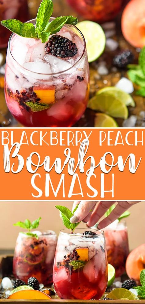 Calling all bourbon lovers: this Blackberry Peach Bourbon Smash is THE cocktail of the summer! Oaky bourbon whiskey teams up with fresh peaches, blackberries, mint, and lime juice for a fizzy refreshing sip you'll look forward to all winter long. #crumbykitchen #bourbon #bourbonsmash #whiskey #cocktails #summer #summervibes #peach #blackberry #drinks Blackberry Whiskey, Blackberry Bourbon, Blackberry Peach, Blackberry Drinks, Peach Bourbon, Bourbon Smash, Cocktails Summer, Whisky Cocktail, Happy Hour Cocktails