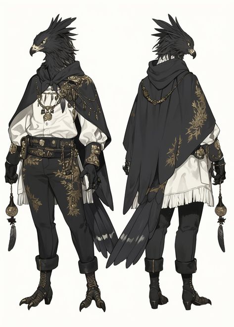 Female Bird Character Design, Avian Character Outfits, Anthro Outfit Ideas, Bird Outfit Design, Bird Themed Outfit, Raven Aarakocra, Bird Man Character Design, Human Wolf Character Design, Aarakocra Cleric