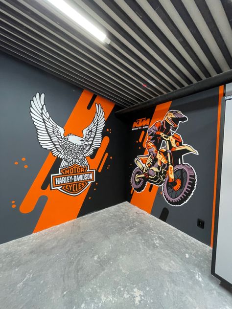 wall art motorcycle brand bike orange black white wall Motorcycle Office Design, Motorcycle Graffiti Art, Motorcycle Art Painting Harley Davidson, Motorcycle Garage Design, Motorcycle Shop Design, Garage Wall Mural, Wall Painting Drawing, Bikes Drawing, Motorcycle Showroom Interior