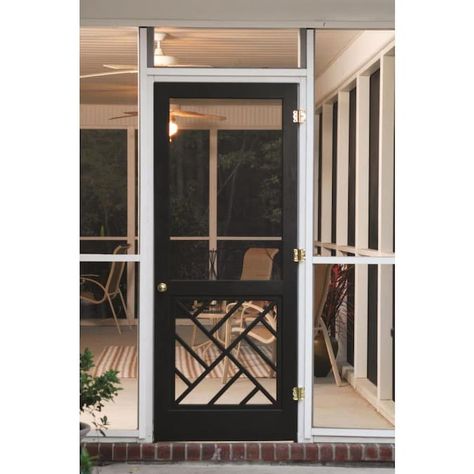 Screen Tight Chippendale Finger Joint Wood Frame Hinged Decorative Screen Door (Common: 32-in x 80-in; Actual: 32-in x 80-in) in the Screen Doors department at Lowes.com Black Screen Door Front Porches, Screened In Porch Door, Front Screen Doors, Modern Screen Door, Black Screen Door, Screened Porch Doors, Front Door With Screen, Decorative Screen Doors, Wood Screen Door