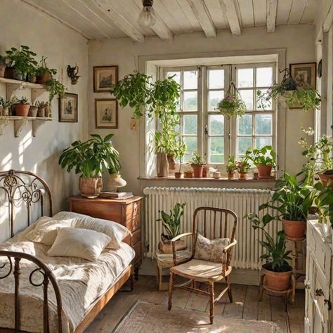 Cottage Bedroom with Large Bed and Potted Plants - Design Ideas AI Cottage Core Bedroom, Cozy Cottage Bedroom, Hippie Bedroom Decor, Bedroom 2024, Hippie Bedroom, Large Bed, Cottagecore Home, Earthy Home, Cottage Aesthetic