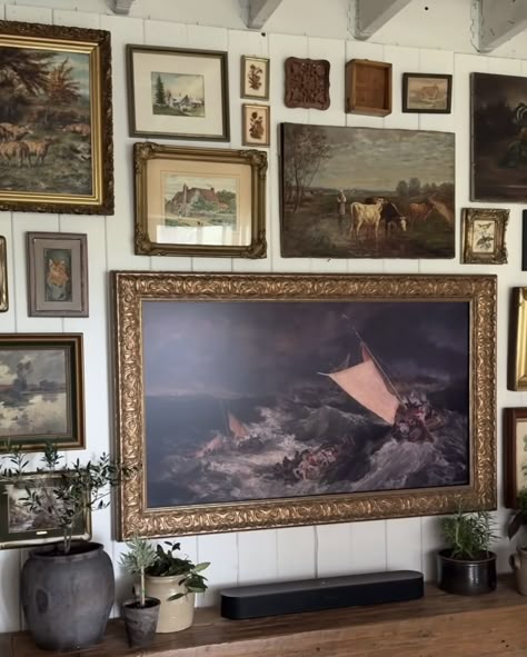 Antique Painting Gallery Wall, Gallery Wall Tv Mounted Tv, Antique Frame Gallery Wall, Oil Painting Gallery Wall, Frame Tv Gallery Wall, Living Room Office Combo, Painting Gallery Wall, Tv Gallery Wall, Hide Tv