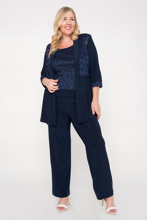 R&M Richards Mother of the Bride Formal Pants Suit Plus Plus Size Pant Suits, Formal Pant Suits, Formal Pant, Elastic Waist Jeans, Pant Suits, Lace Pants, Lace Neckline, Wedding Picture, Pant Suit