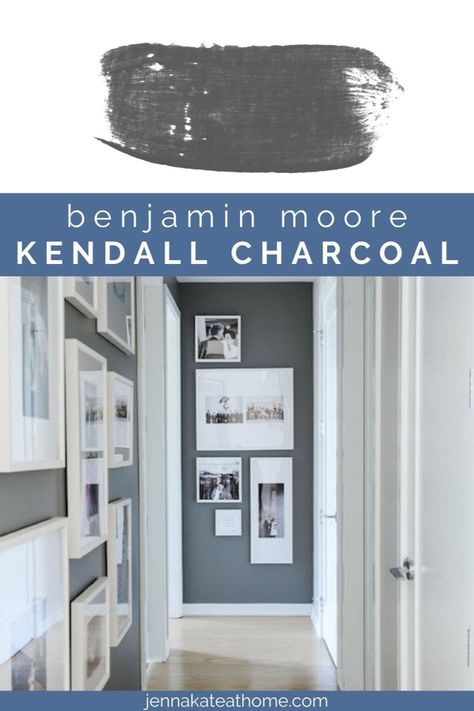 Benjamin Moore Kendall Charcoal is the dark slate gray of your dreams. See how to incorporate it into your home. Wall Kitchen Island, Charcoal Paint Color, Kendall Charcoal Benjamin Moore, Benjamin Moore Kendall Charcoal, Statement Fireplace, Accent Wall Kitchen, Best Gray Paint Color, Painting Trim White, Kendall Charcoal