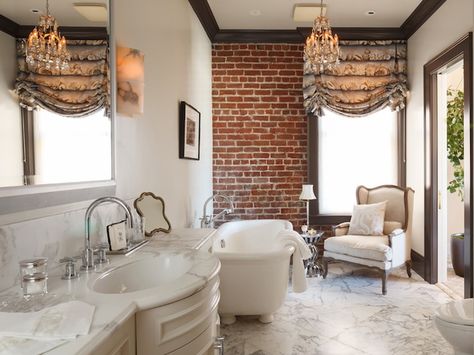 Pricey Pads: French bathroom with exposed brick wall, espresso crown moldings and marble tile floor. ... Brick Wall In Bathroom, French Bathroom Design, Bathroom With Chandelier, Brick Bathroom, Small Farmhouse Bathroom, Interior Brick, Brick Interior Wall, Farmhouse Bathroom Decor Ideas, Cozy Bathroom